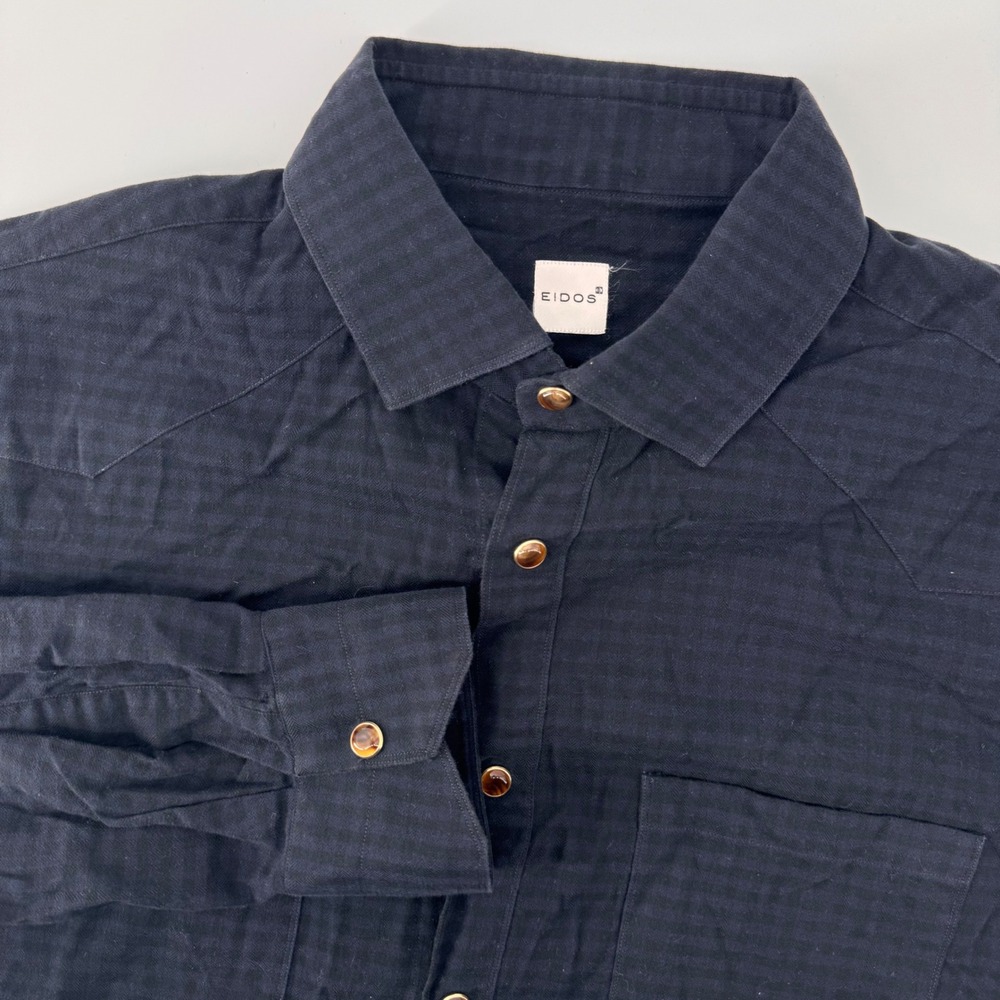 Eidos Western Shirt Mens 16 41 Blue Cotton Check Pearl Snap Long Sleeve Italy